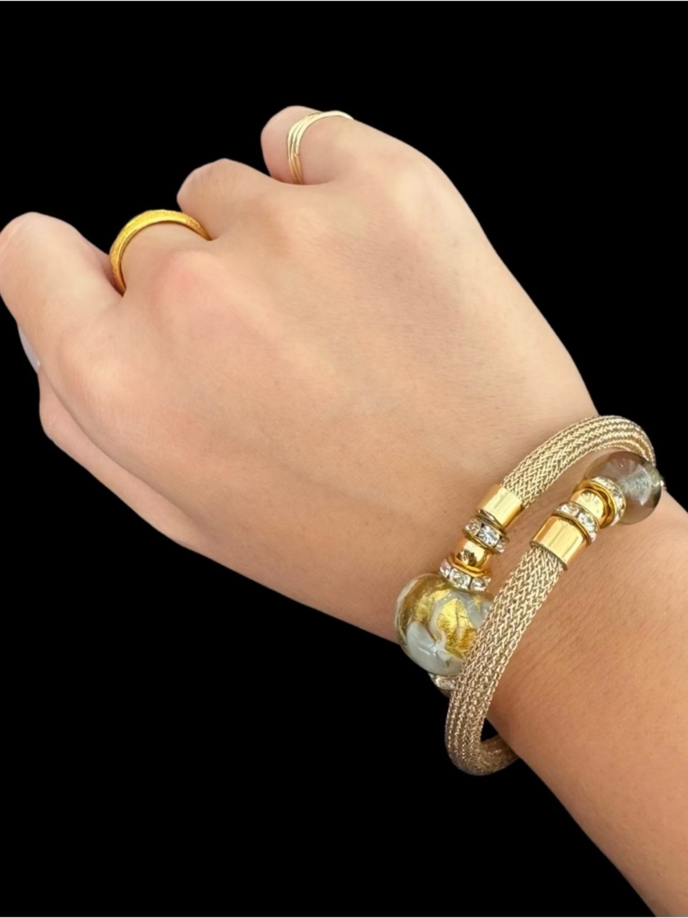 ✨Italian Murano Glass Beaded Gold Tone Mesh Stranded Bracelet